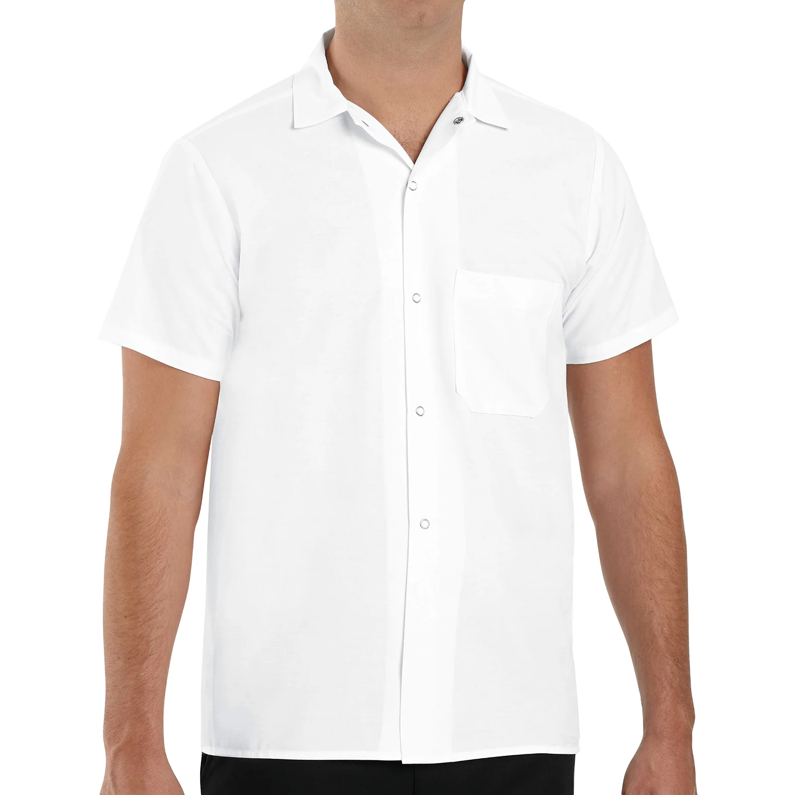 A white short-sleeve cook shirt on a cook, one-piece collar open at the throat and a chest pocket on the left