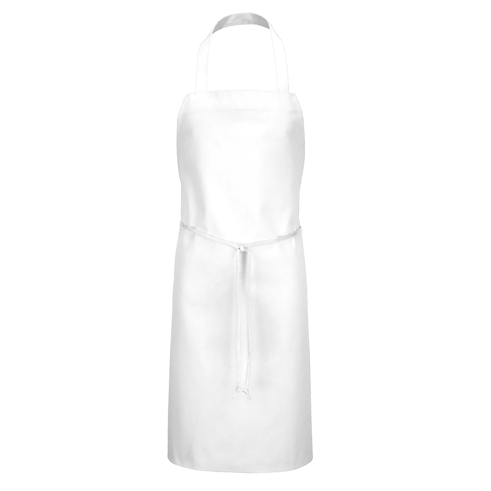 A white bib apron hanging flat, the braid ties long enough to bring round to the front
