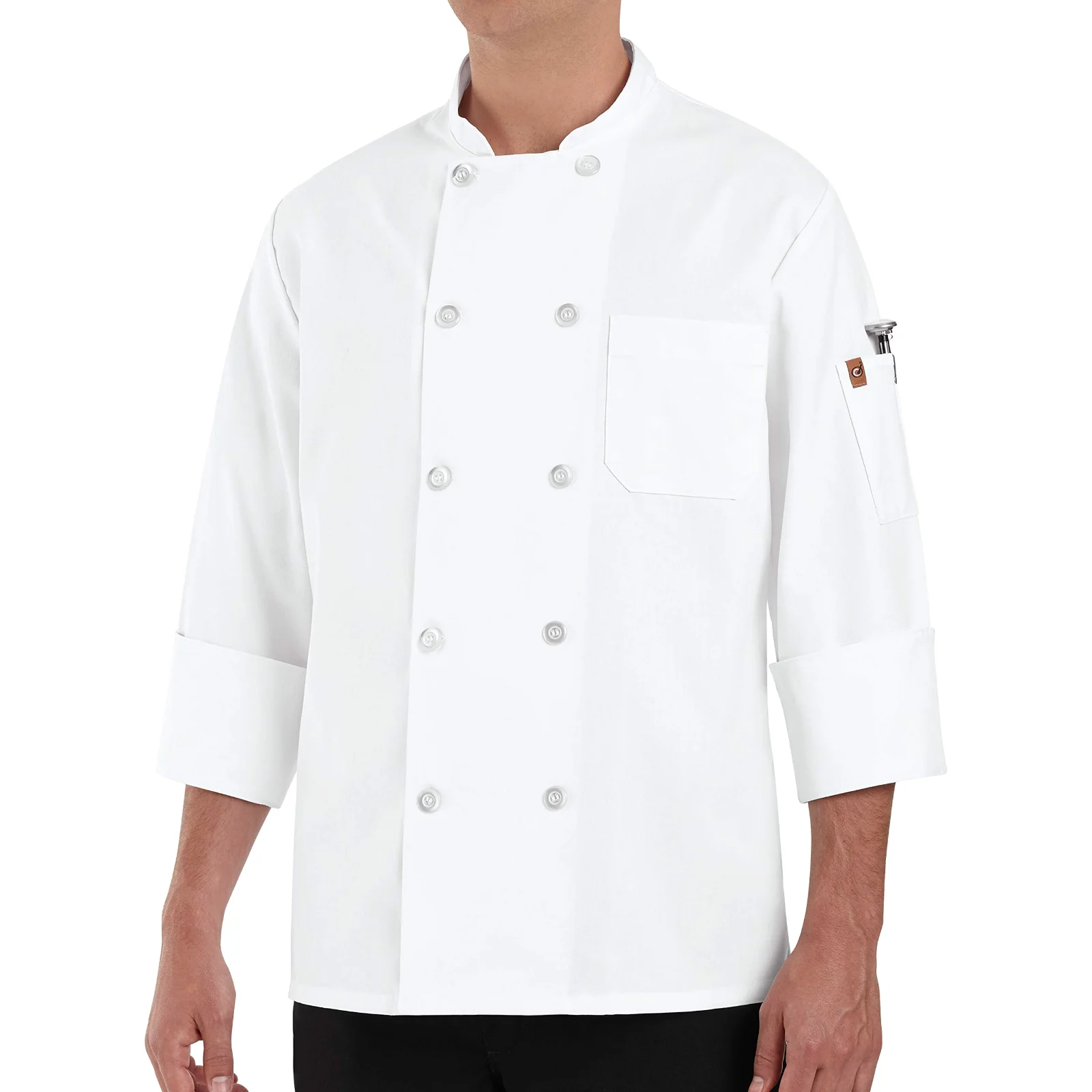 A white chef coat with ten pearl buttons set close together, three-quarter sleeves turned back