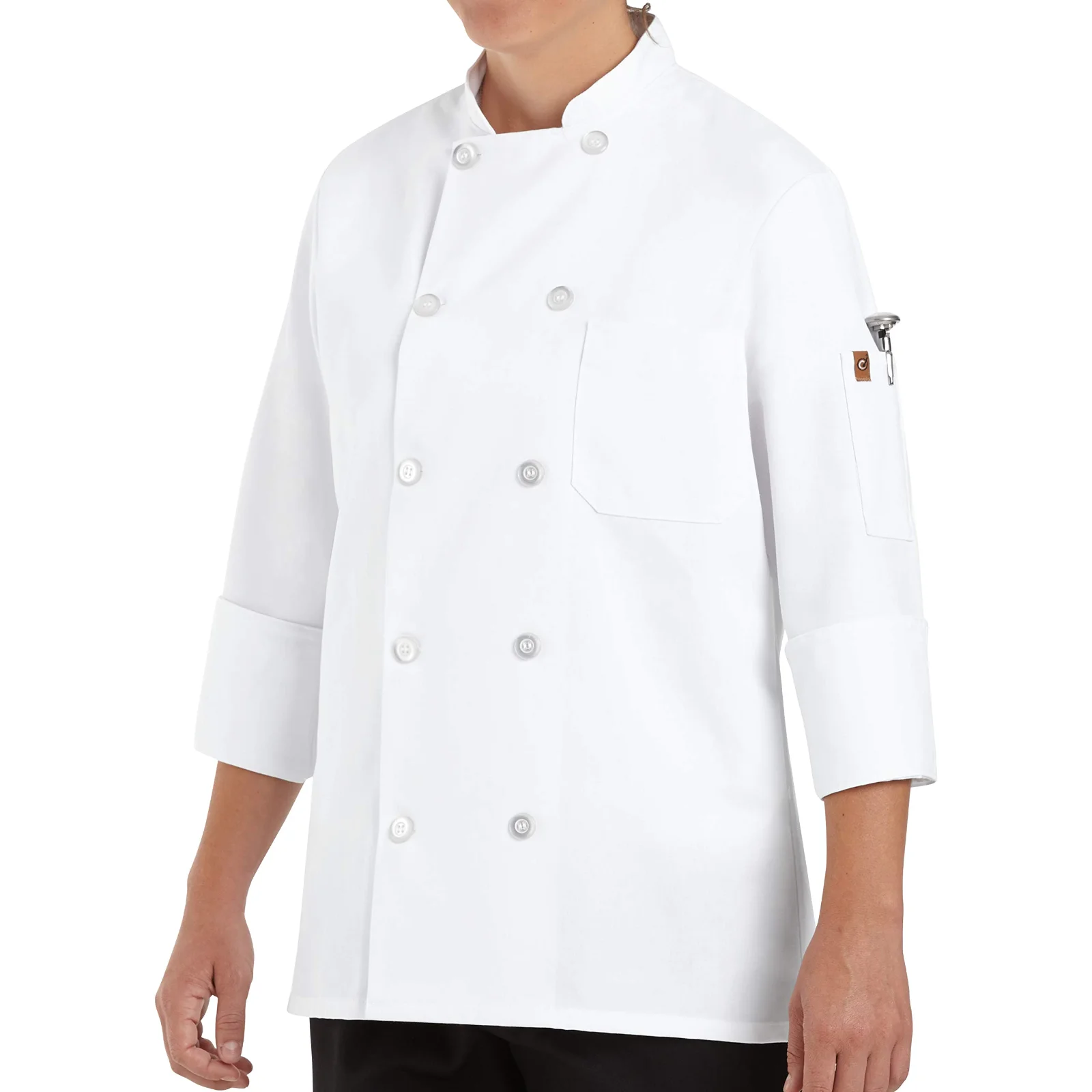 A women's white chef coat, shaped through the body, ten pearl buttons and a stand-up collar